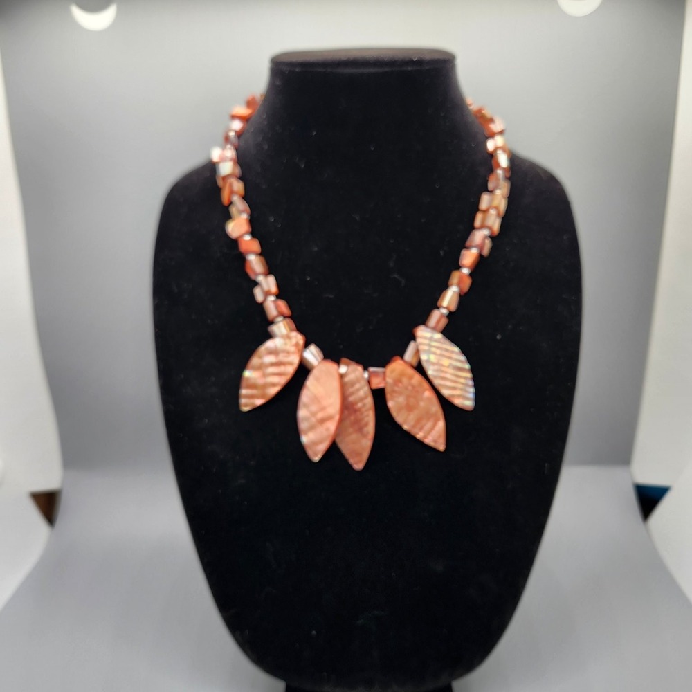 Mother of Pearl Shell Leaf Bib Necklace Adjustable 16-18" Iridescent Beaded